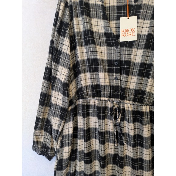 Knox Rose XXL Ebony Plaid Long Sleeve Button Front Boho Dress NWT - Picture 2 of 10
